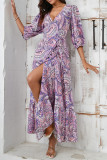 Purple V Neck Printed Split Maxi Dress 