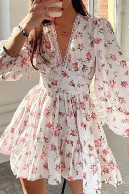 V Neck Puff Bubble Sleeves Floral Babydoll Dress