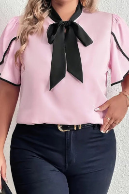 Pink Front Tie Neckline Turlip Sleeves Plus Size Top