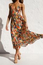 Printed V Neck High Waist Slip Dress