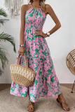 Pink Floral Halter Ruffles Maxi Dress