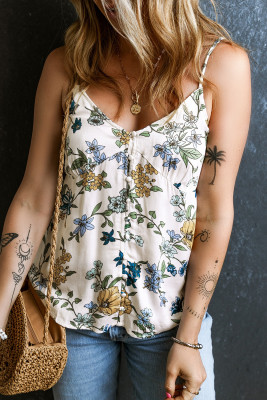 Beige Floral Buttoned Spaghetti Straps Tank Top
