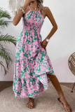 Pink Floral Halter Ruffles Maxi Dress