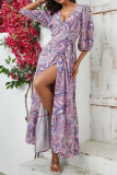 Purple V Neck Printed Split Maxi Dress 