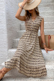 Sleeveless V Neck Button Printed Dress