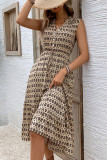 Sleeveless V Neck Button Printed Dress