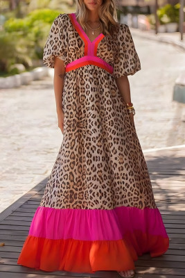 Bright Pink Leopard Colorblock Patchwork Bubble Sleeve Maxi Dress