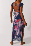 V Neck Lace Top with Printed Mesh Bottom Maxi Dress