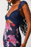 V Neck Lace Top with Printed Mesh Bottom Maxi Dress