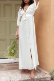 White V Neck Button Maxi Dress 