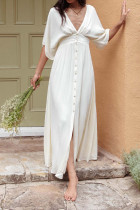 White V Neck Button Maxi Dress 