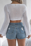 Plain Crochet Knit Front Tie Crop Cardigan