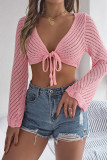 Plain Crochet Knit Front Tie Crop Cardigan