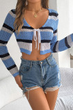 Hollow Out Knit Striped Front Tie Open Cardigan