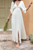 White V Neck Button Maxi Dress 
