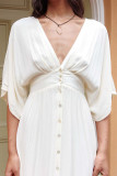 White V Neck Button Maxi Dress 