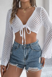 Plain Crochet Knit Front Tie Crop Cardigan