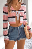 Hollow Out Knit Striped Front Tie Open Cardigan