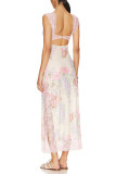 V Neck Lace Top with Printed Mesh Bottom Maxi Dress