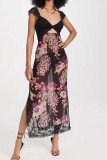 V Neck Lace Top with Printed Mesh Bottom Maxi Dress