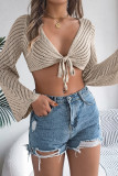 Plain Crochet Knit Front Tie Crop Cardigan