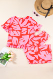 Strawberry Pink Abstract Palm Printed Ruffled Top and Wide Leg Pants Set