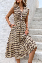 Sleeveless V Neck Button Printed Dress