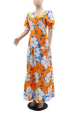 Orange Floral V Neck High Waist Ruffles Maxi Dress