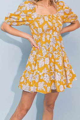 Yellow Floral Square Neck Smocked Babydoll Dress