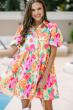 Pink Floral Puff Sleeve Collar Buttoned Babydoll Dress