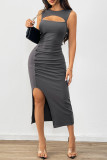 Grey Sleeveless Hollowed Smocked Dress 