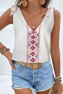 White Floral Embroidered Knot Straps Textured Tank Top