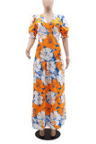 Orange Floral V Neck High Waist Ruffles Maxi Dress