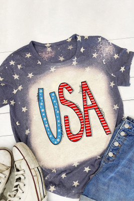 Blue Tie Dye Stripes and Stars USA Print T Shirt