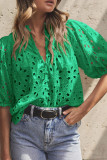 Green Flower Embroidered Hollow-out Puff Sleeve Blouse