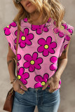 Pink Flower Print Round Neck Cap Sleeve T Shirt