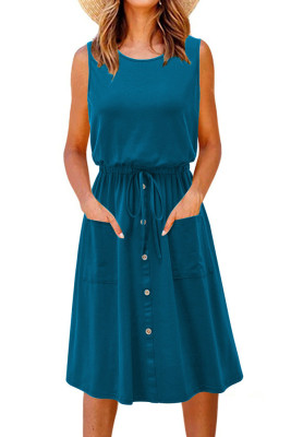 Plain Drawstring Buttoned Sleeveless Dress