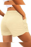 Plain Elastic Waist Side Ruched Pockets Shorts