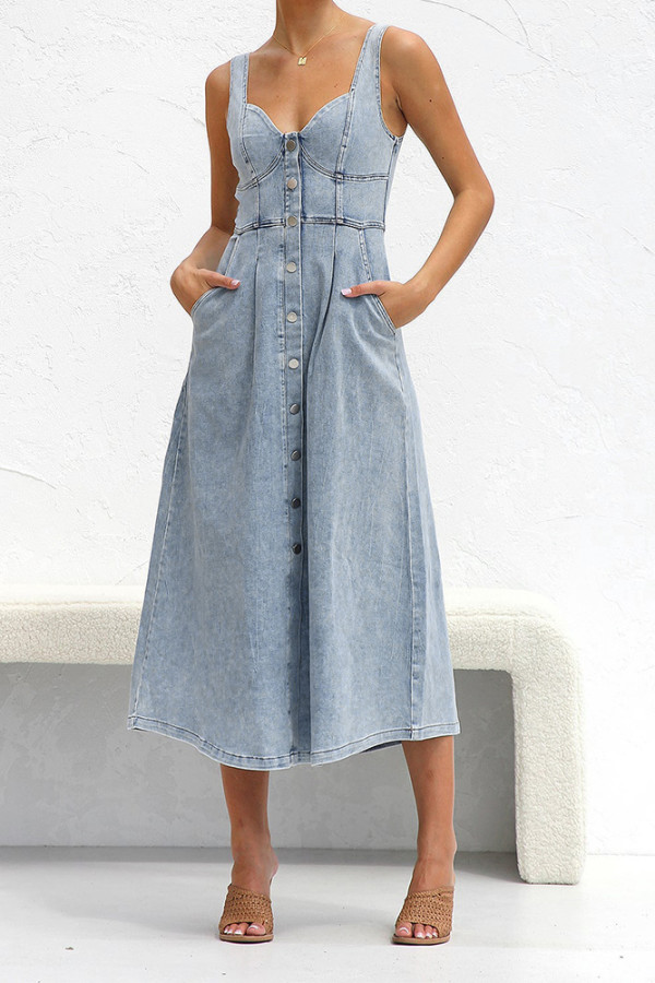 Button Up Pockets Denim Dress 