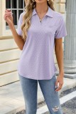Plain Eyelet Turn Down Collar V Neck Short Sleeves Top
