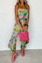 Green Mix Tropical Print Strapless Ruffled Jumpsuit