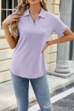 Plain Eyelet Turn Down Collar V Neck Short Sleeves Top