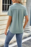 Plain Eyelet Turn Down Collar V Neck Short Sleeves Top