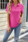 Plain Eyelet Turn Down Collar V Neck Short Sleeves Top