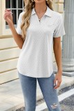 Plain Eyelet Turn Down Collar V Neck Short Sleeves Top