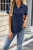Plain Eyelet Turn Down Collar V Neck Short Sleeves Top