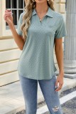 Plain Eyelet Turn Down Collar V Neck Short Sleeves Top
