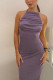 Purple Ruched Halter Backless Maxi Dress