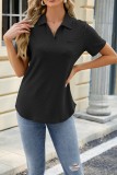 Plain Eyelet Turn Down Collar V Neck Short Sleeves Top