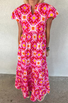 Strawberry Pink Geo Print V-neck Maxi Dress